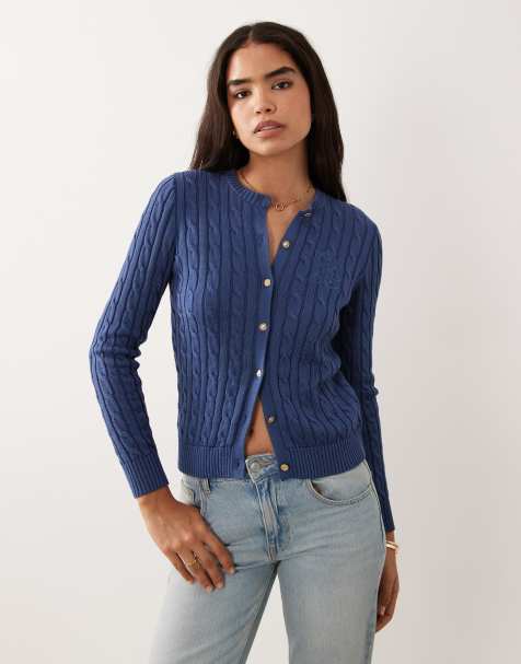 Lauren by Ralph Lauren - Blå kabelstrikket cardigan med logoikon i bomuld - view 1