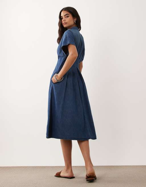 Lauren by Ralph Lauren button up shirt day midi dress in blue | ASOS