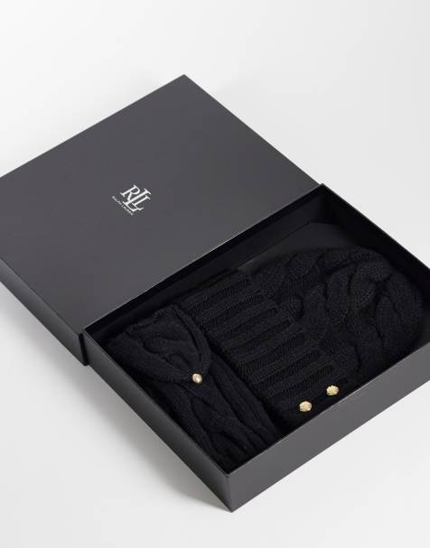 Lauren by Ralph Lauren cable knit hat gift set box in black - view 1