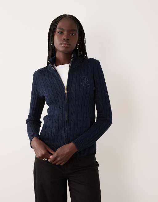 Lauren by Ralph Lauren cardigan con zip e logo, blu navy, 4 di 4