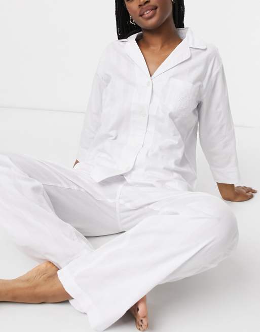 Lauren by Ralph Lauren cotton shadow stripe pyjama set in white | ASOS