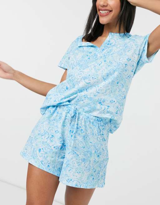Lauren by Ralph Lauren - Ensemble pyjama imprimé avec short et haut avec col à encoche - Bleu