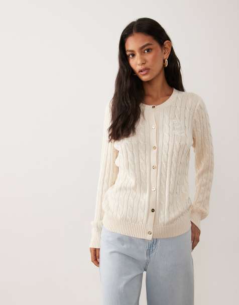 Lauren by Ralph Lauren ikon-logo cardigan i kabelstrik i creme - view 1