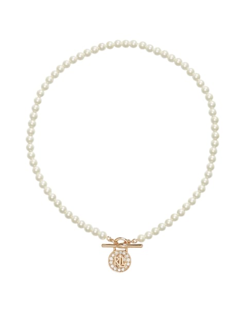 Lauren by Ralph Lauren Jewellery Gold tone & faux pearl & logo pave padlock necklace in gold and crystal - view 1