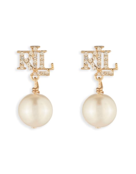 Lauren by Ralph Lauren Jewellery Gold tone pave logo & pearl drop earrings in gold and crystal - view 1