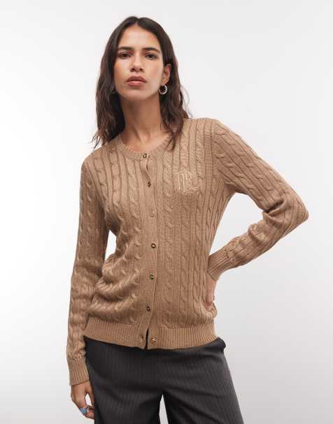 Lauren by Ralph Lauren kardigan z bawełny o warkoczowym splocie z logo w kolorze camel tan - view 1