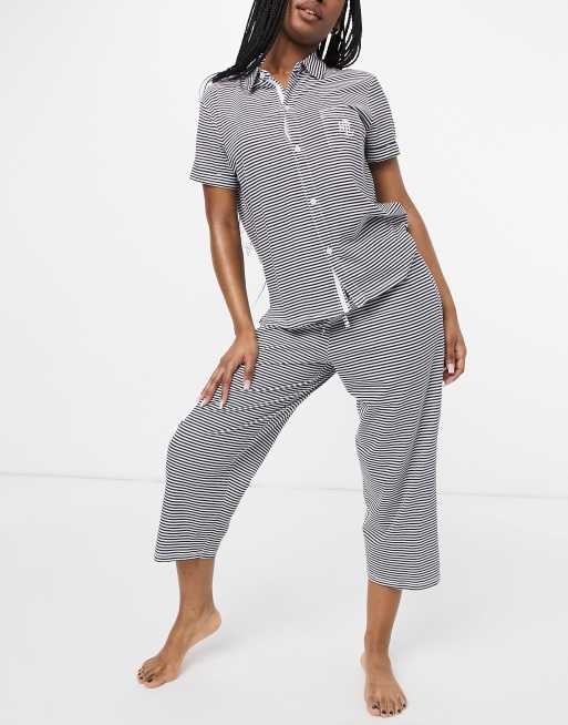 Lauren by Ralph Lauren knit button through capri pajama set in navy stripe  | ASOS