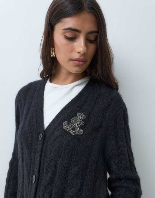 Lauren by Ralph Lauren kofta i flätstickning med bröstemblem, svart, 2 av 5