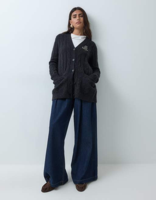 Lauren by Ralph Lauren kofta i flätstickning med bröstemblem, svart, 3 av 5