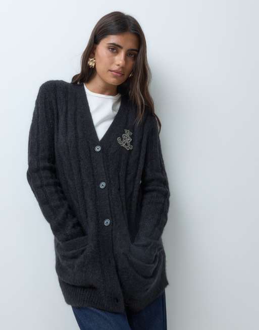 Lauren by Ralph Lauren kofta i flätstickning med bröstemblem, svart, 4 av 5