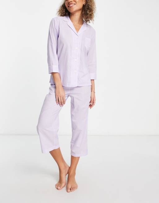 Lauren by Ralph Lauren – Lawendowa piżama capri z kołnierzykiem z wycięciem