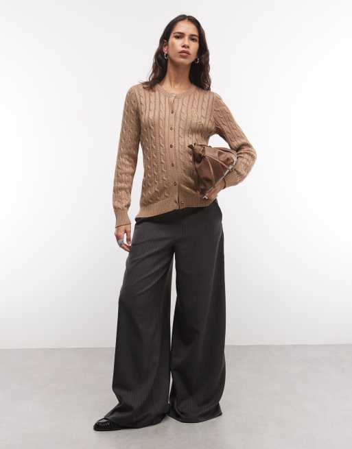 Lauren by Ralph Lauren logga bomullskofta med flätstickning i camel tan, 2 av 4