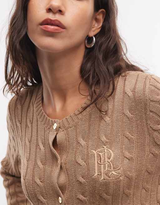 Lauren by Ralph Lauren logga bomullskofta med flätstickning i camel tan, 3 av 4