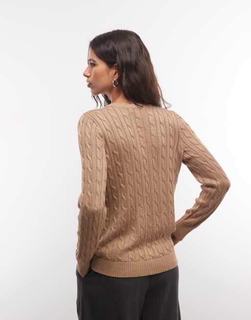 Lauren by Ralph Lauren logga bomullskofta med flätstickning i camel tan, 4 av 4