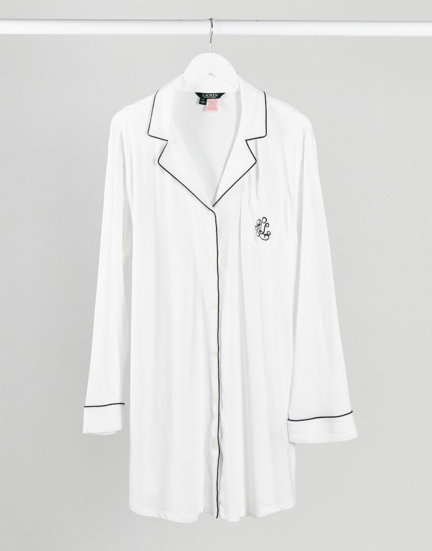 LAUREN by Ralph Lauren logo sleep shirt with black piping trim-White
