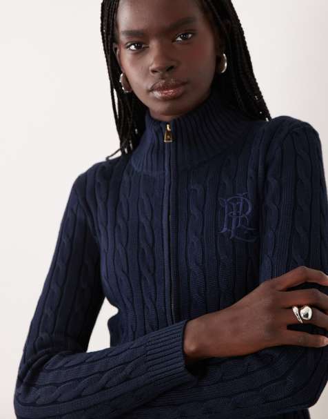 Lauren by Ralph Lauren logo zip through cardigan in navy - view 1