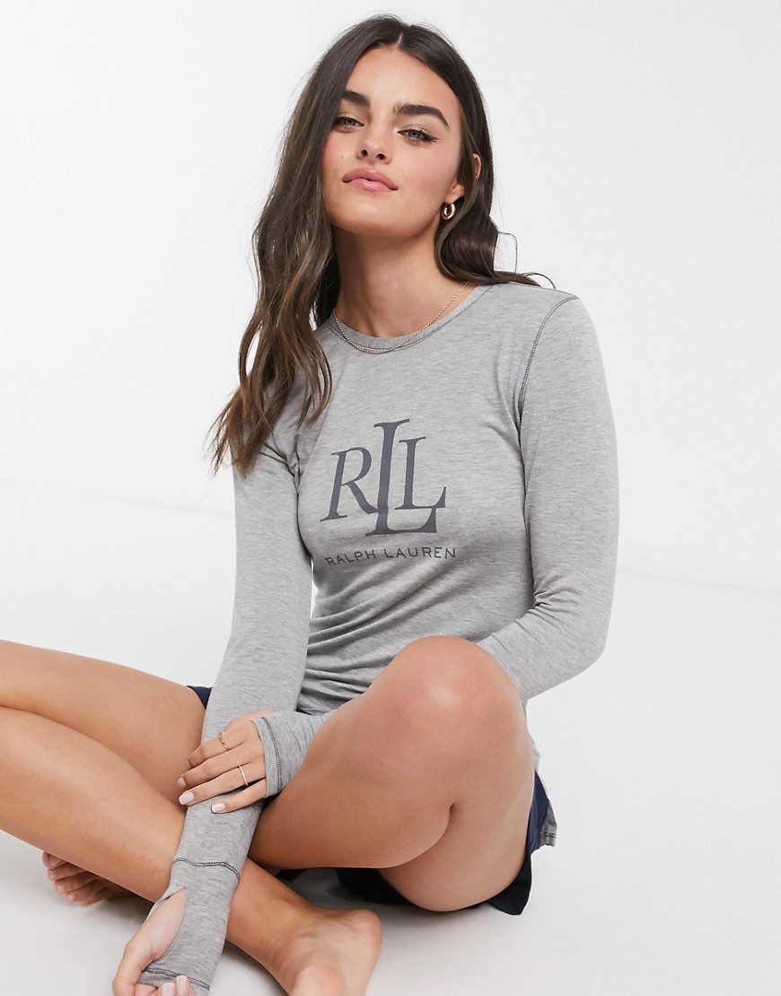 LAUREN by Ralph Lauren lounge logo longe sleeve top in grey