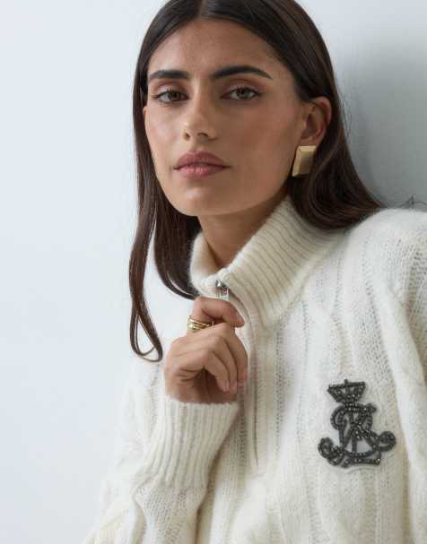 Lauren by Ralph Lauren maglione a trecce con stemma sul petto e mezza zip color crema - view 1