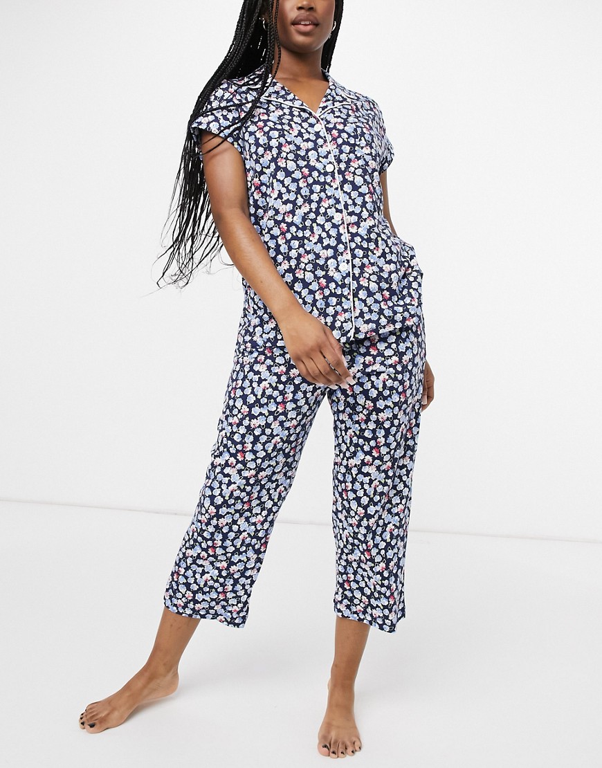 Lauren by Ralph Lauren – Marinblå mönstrad pyjamas i ankellång-modell med notch-slag på kragen