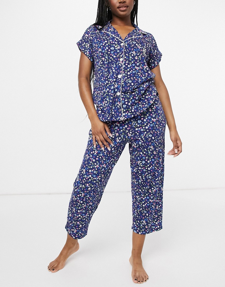 Lauren by Ralph Lauren – Marinblå mönstrad pyjamas med ankellång byxa och överdel med krage med slag