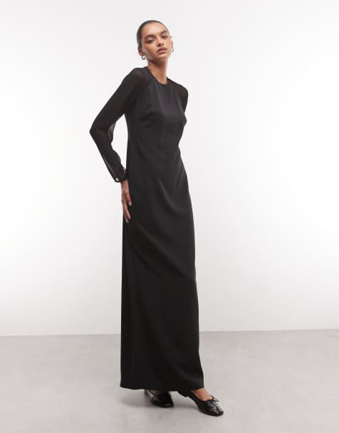 Lauren by Ralph Lauren maxi jurk met meshmouwen in zwart - view 1