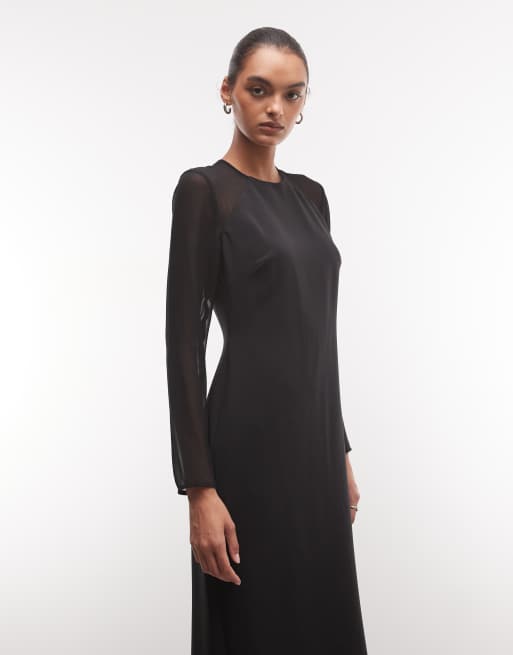 Lauren by Ralph Lauren maxikjole med mesh-ærmer i sort, 3 af 4