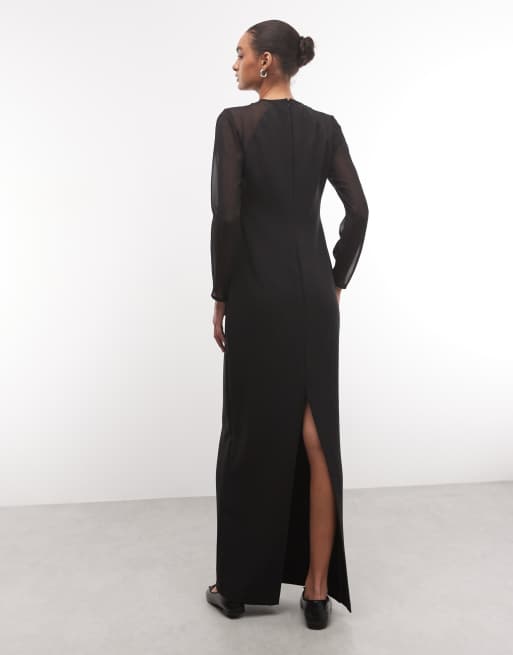 Lauren by Ralph Lauren mesh sleeve maxi dress in black, 4 of 4