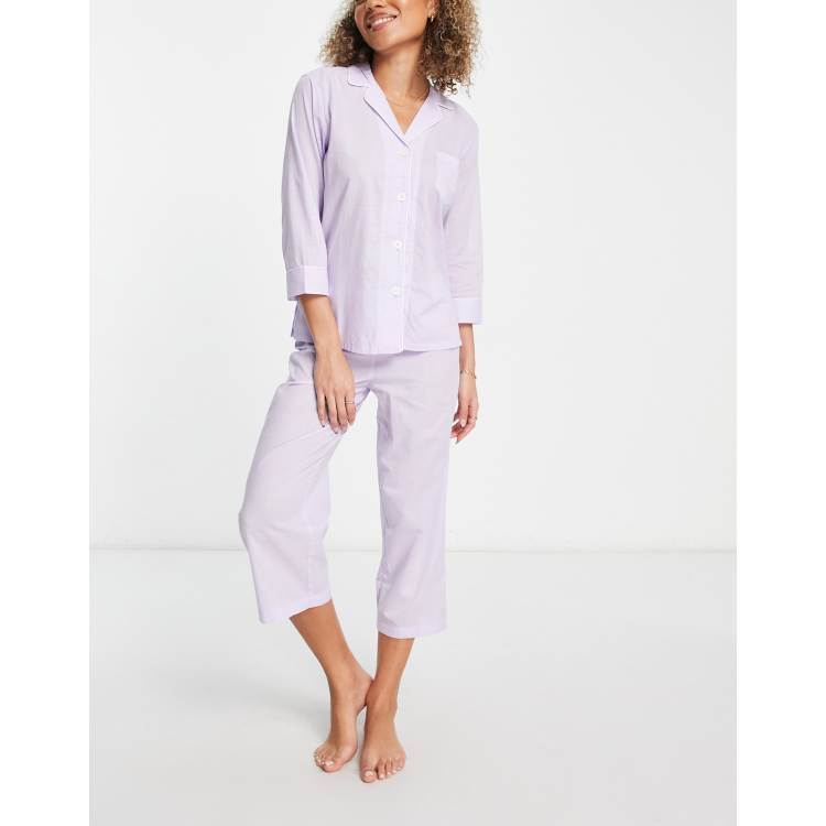 Lauren by Ralph Lauren notch collar capri pajama set in lavender plaid