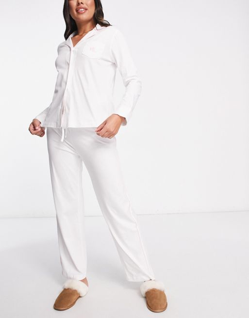 Lauren by Ralph Lauren notch collar long pyjama set in white