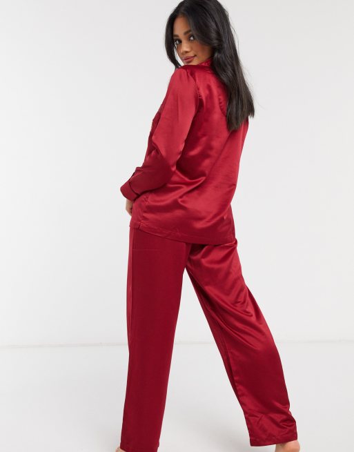 LAUREN by Ralph Lauren notch collar pajama set in crimson ASOS