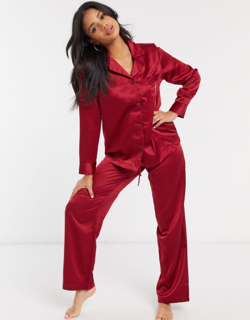 LAUREN by Ralph Lauren notch collar pyjama set in crimson ASOS