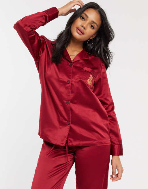 LAUREN by Ralph Lauren notch collar pyjama set in crimson ASOS