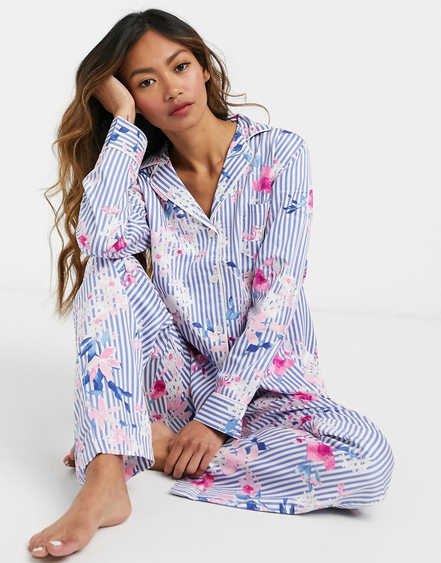 LAUREN by Ralph Lauren notch collar pyjama set in floral stripe print-Multi
