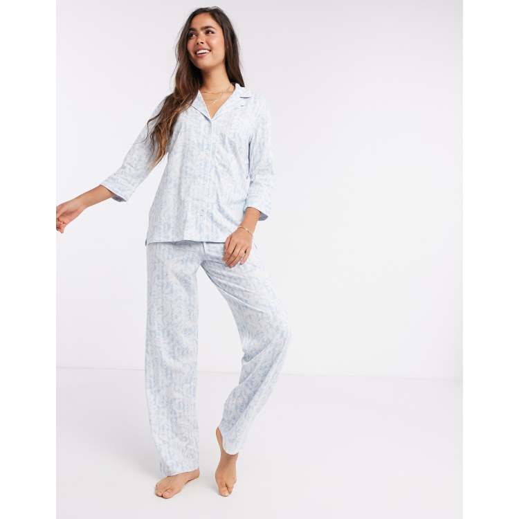 Miss Elaine Navy Brushed-Back Button-Up Satin Pajama Top