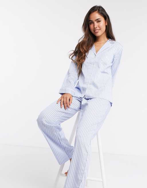 LAUREN by Ralph Lauren notch collar pyjama set in pale blue stripe