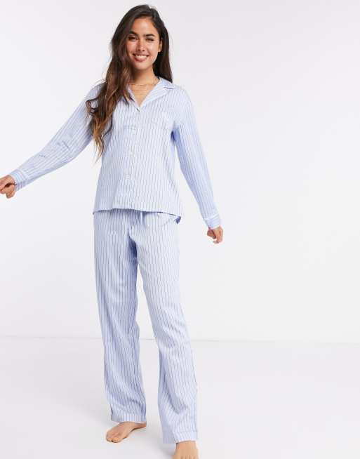 LAUREN by Ralph Lauren notch collar pyjama set in pale blue stripe