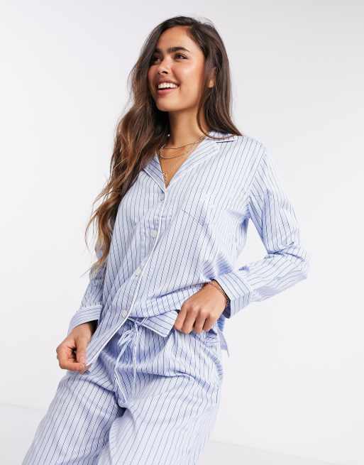 LAUREN by Ralph Lauren notch collar pyjama set in pale blue stripe