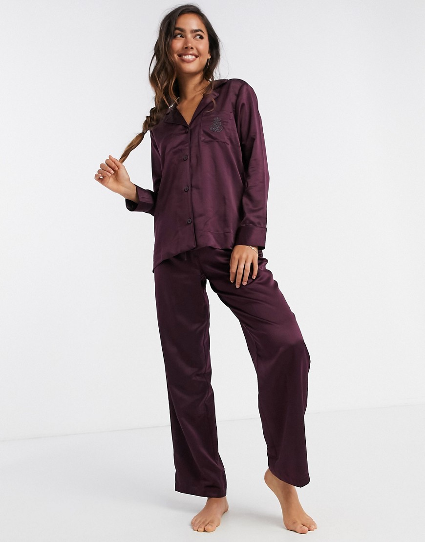 LAUREN by Ralph Lauren notch collar pyjama set in wine-Purple