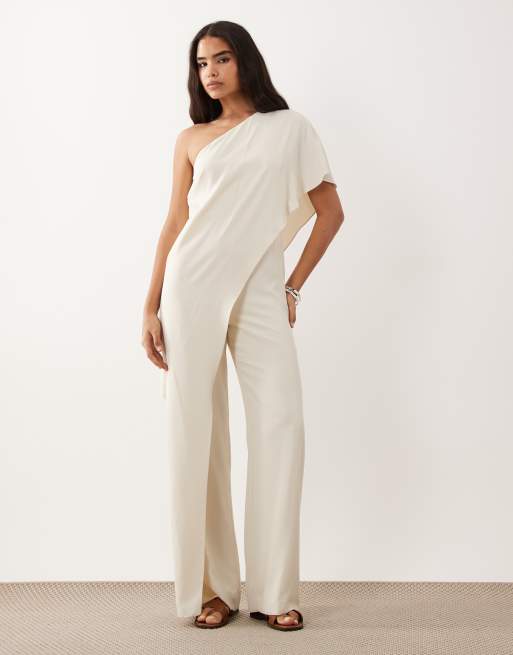 Lauren by Ralph Lauren one shoulder tie jumpsuit in cream | ASOS
