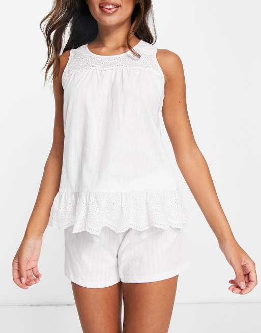 Lauren by Ralph Lauren - Pigiama corto bianco con dettagli in pizzo