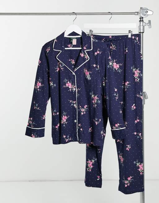 LAUREN by Ralph Lauren - Pigiama navy a fiori con colletto con rever