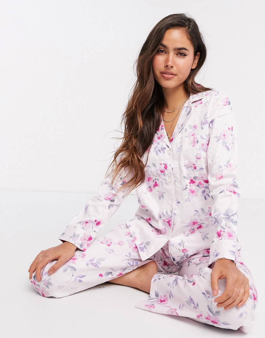 LAUREN by Ralph Lauren - Pink blomstret pyjamassæt med hakrevers