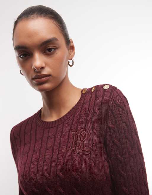Lauren by Ralph Lauren pull en maille torsadée à boutons, bordeaux foncé, 3 de 4