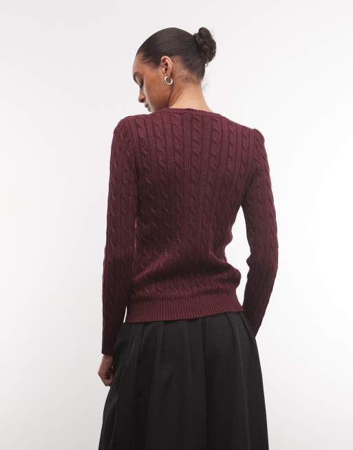 Lauren by Ralph Lauren pull en maille torsadée à boutons, bordeaux foncé, 4 de 4