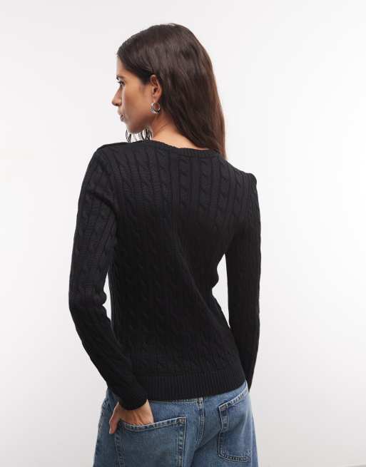 Lauren by Ralph Lauren pull en maille torsadée avec détail de boutons noir, 4 de 4
