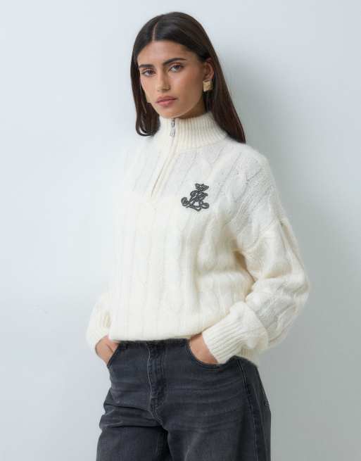 Lauren by Ralph Lauren pull torsadé à demi-zip avec écusson poitrine en crème, 3 de 5