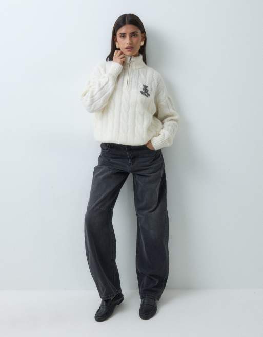 Lauren by Ralph Lauren Pullover mit Viertelreißverschluss, Zopfmuster und Brustemblem in Cremeweiß, 2 von 5