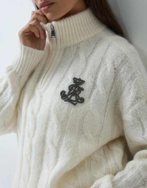 Lauren by Ralph Lauren Pullover mit Viertelreißverschluss, Zopfmuster und Brustemblem in Cremeweiß, 4 von 5