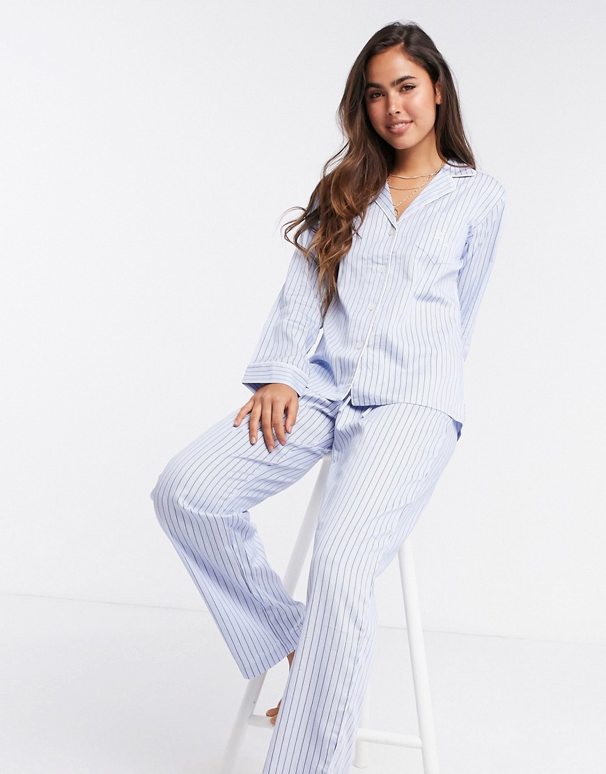 LAUREN by Ralph Lauren - Pyjamaset met inkeping in de kraag en vaalblauwe strepen