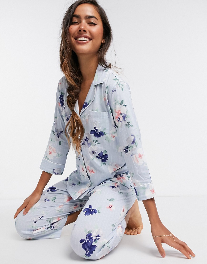 LAUREN by Ralph Lauren - Pyjamaset met inkeping op de kraag en bloemenprint in blauw